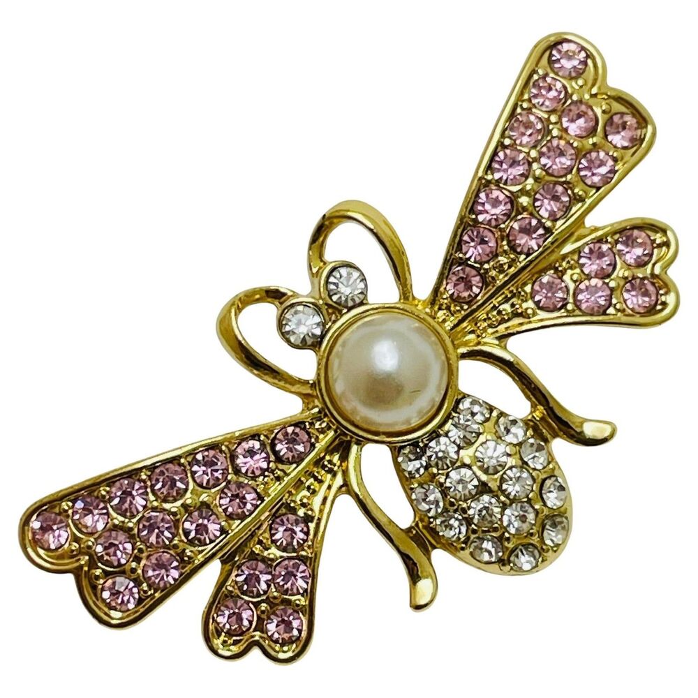 Vintage LIZ CLAIBORNE signed gold tone rhinestone pearl bee fly brooch